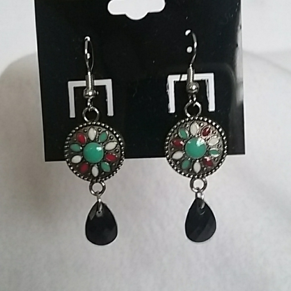 Silver medallion with black acrylic ovals hook earrings